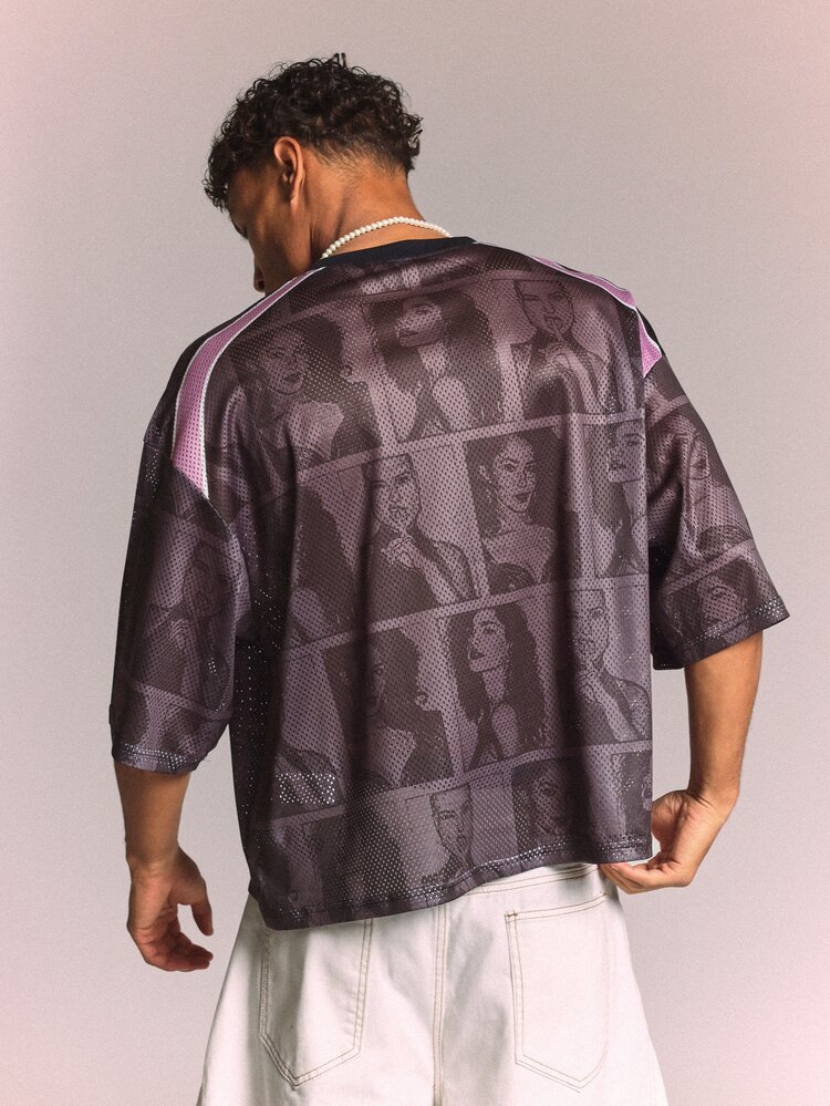 PLAYBOY X SUMWON Box Fit Panelled Printed Jersey T-Shirt With Crew Neck And Short Sleeves