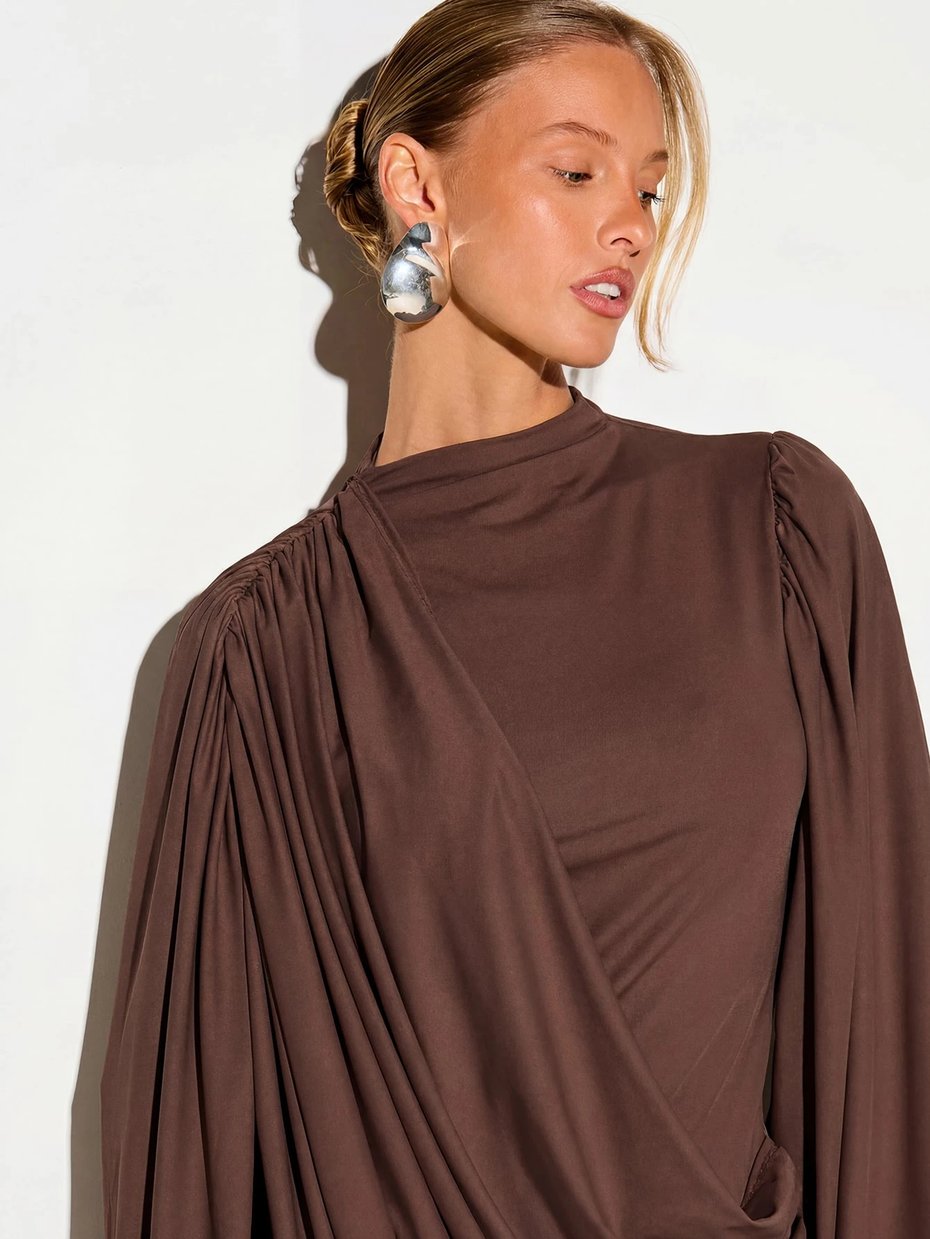 Draped Cape Mini Dress With Balloon Sleeves