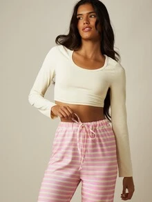MISSGUIDED Long Sleeve Crop Top And Striped Wide Leg Trouser Pajama Set Lounge Sleepwear Co-Ord Two-Piece - Multicolor - View 5