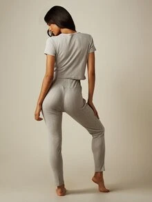 MISSGUIDED Pointelle Slim Fit Tee And Legging Lounge Set Ribbed Knit Crop Top High Rise Skinny Pants Cozy Two-Piece Coord - Grey - View 2