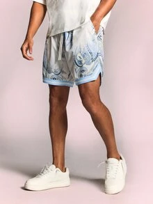 SUMWON Paisley Print Pull-On Curved Hem Shorts With Drawstring Waist And Side Splits Summer Holiday - Multicolor - View 1