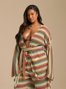 FASHION SZN 大尺碼鉤編海灘罩衫和服式外罩 繫帶設計 透視優雅時尚 適合海灘派對、海灘俱樂部、音樂節、伊比薩波西米亞風 旅行夏季度假泳裝上衣 - 彩色 - 查看 6