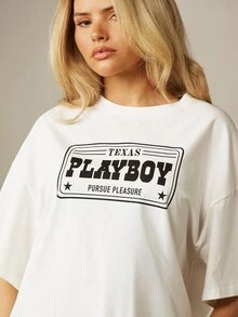 Missguided x Playboy 德州西部圖案寬鬆圓領短袖T恤，背面印有兔子標誌 - 白色 - 查看 4