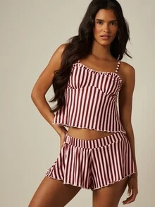 MISSGUIDED Striped Satin Cami And Shorts Pyjama Set With Ruffle Trim Adjustable Straps Sweetheart Neckline Sleepwear - Multicolor - View 1
