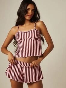 MISSGUIDED Striped Satin Cami And Shorts Pyjama Set With Ruffle Trim Adjustable Straps Sweetheart Neckline Sleepwear - Multicolor - View 5