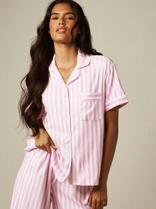 MISSGUIDED Striped Short Sleeve Button-Up Shirt And Wide Leg Trouser Pajama Lounge Set Summer Sleepwear Co-Ord - Multicolor - View 5