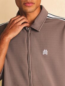 SUMWON Grosgrain Co-Ord Set Short Sleeve Full Zip Collared Top And Matching Shorts With Contrast Side Stripe Detail - Brown - View 6