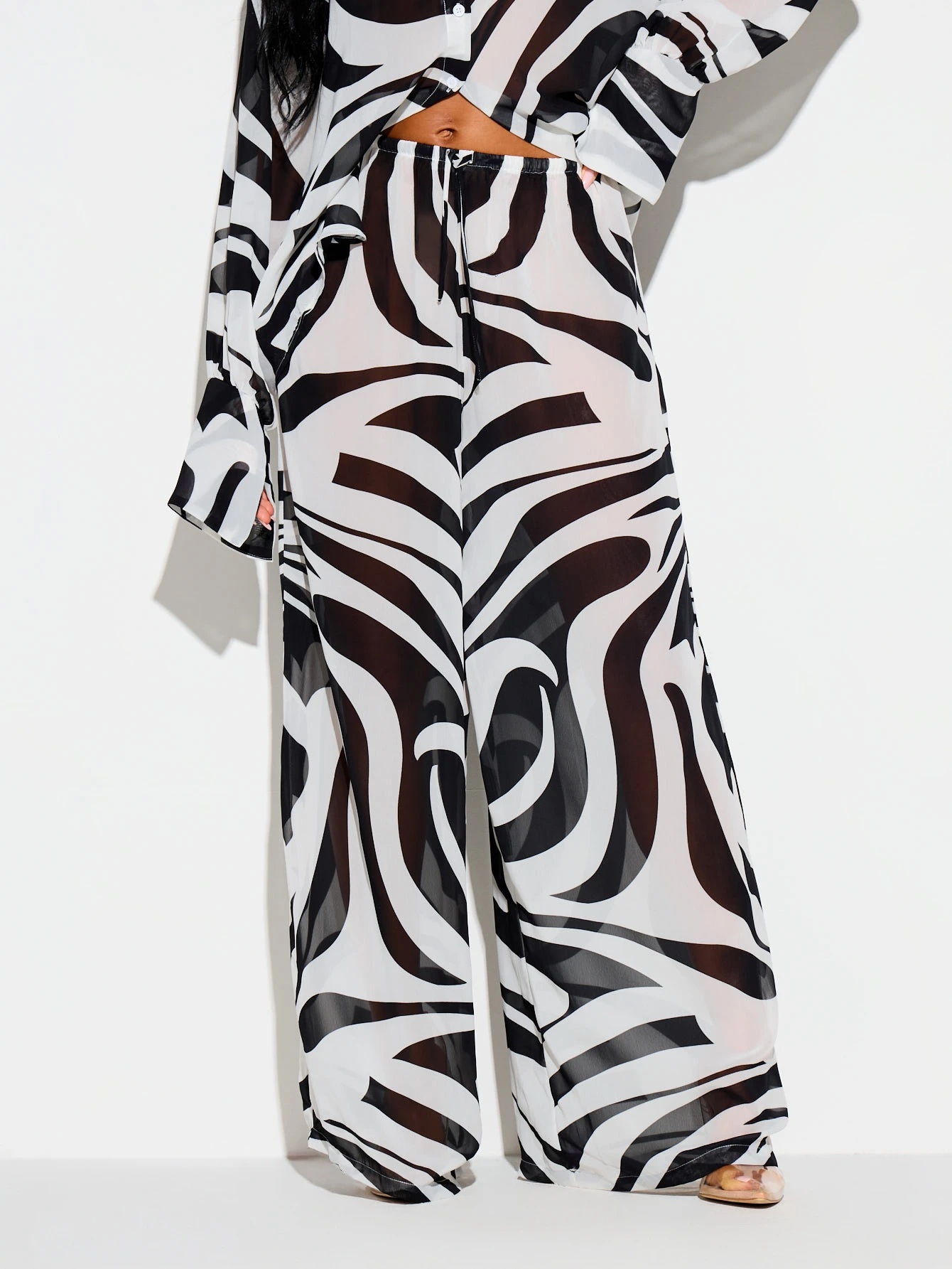 Sheer Wide Leg Trousers With Swirl Print