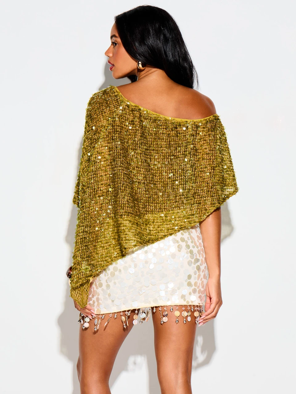 KIZN Sequin Crochet Asymmetrical Batwing Cape Crop Top