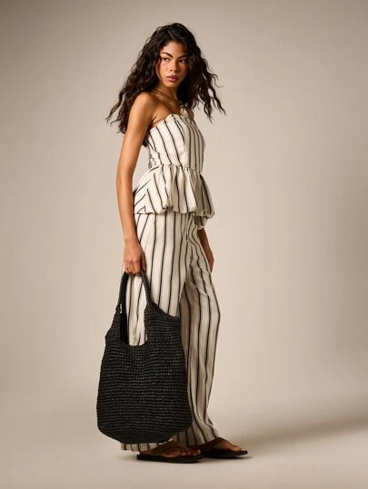 Striped Bandeau Bubble Hem Top And Barrel Leg Trouser Set