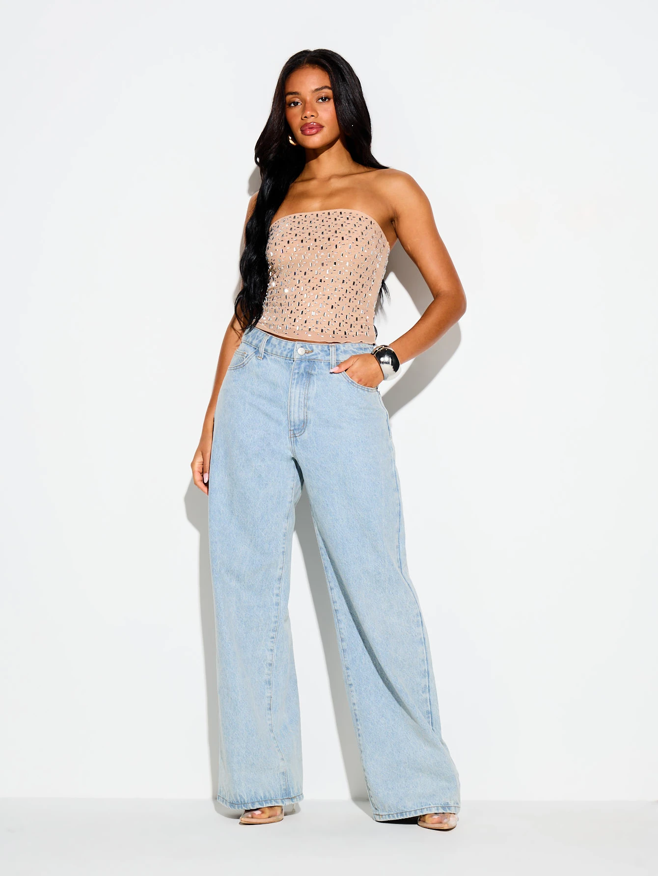 Rhinestone Mesh Strapless Bandeau Crop Top