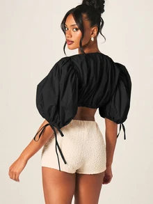 MISSGUIDED 泡泡紗泡泡短版上衣，泡泡袖綁帶袖口露肩夏季襯衫 - 黑色 - 查看 3
