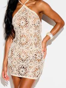 KIZN Vestido mini de cuello halter con lentejuelas y ganchillo, espalda abierta con detalle de lazo, recortes florales, para fiesta de verano - Albaricoque - Ver 5