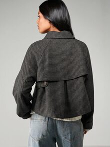 MISSGUIDED Houndstooth Cropped Jacket With Funnel Neck Button Detail And Back Strap Fall Winter Outerwear Coat - Dark Grey - View 2