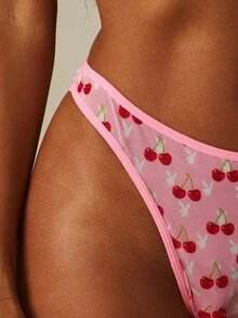 Missguided x Playboy 櫻桃印花網眼丁字褲內褲，滿版兔子標誌圖案搭配對比飾邊 - 淺粉色 - 查看 4