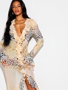 KIZN Animal Leopard Print Deep Plunge V-Neck Ruffle Frill Long Sleeve Maxi Dress Evening Party Holiday Summer - Multicolor - View 4