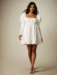 MISSGUIDED Smocked Square Neck Puff Sleeve Mini Babydoll Dress With Open Back Tie Detail Summer Party - White - View 3