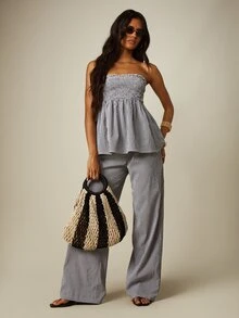MISSGUIDED Gingham Check Strapless Bandeau Longline Smocked Top And Wide Leg Trouser Co-Ord Set Summer - Black and White - View 1