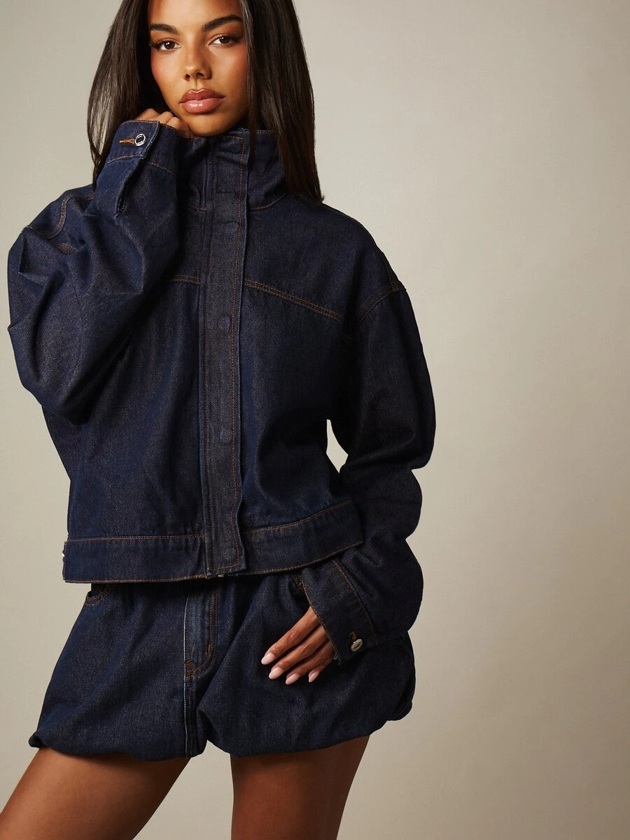 MISSGUIDED Funnel Neck Relaxed Fit Denim Jacket With Contrast Stitching Oversized Cropped Fall Winter Outerwear - Blue - View 1
