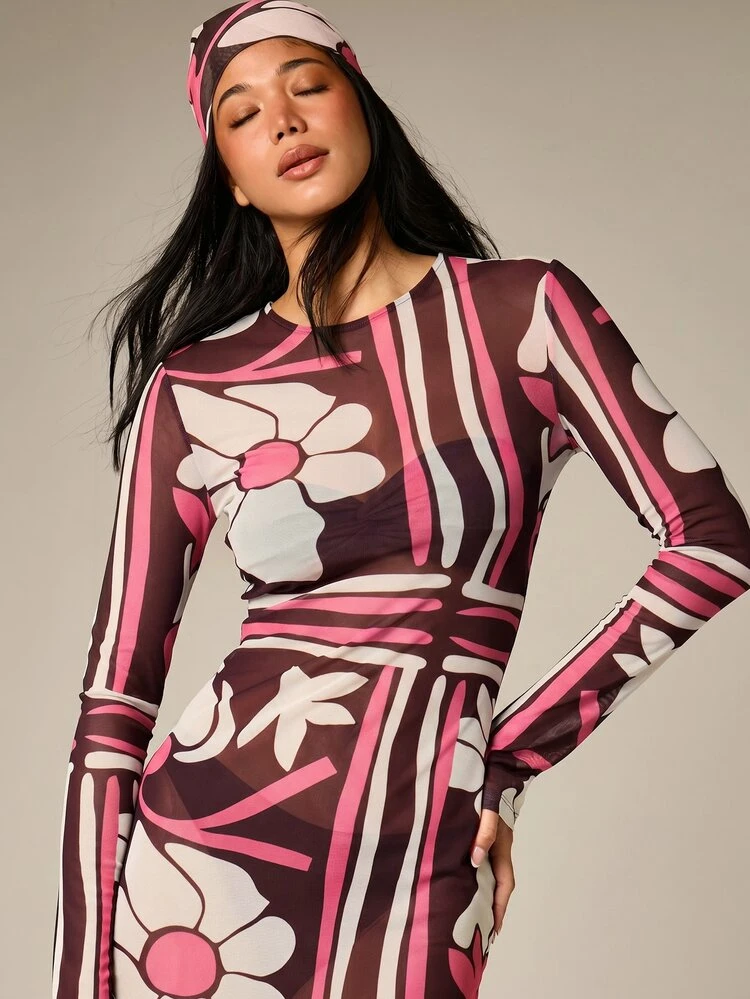 Long Sleeve Floral Printed Mesh Maxi Dress