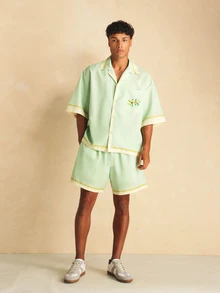 SUMWON Setelan Sorrento Motif Lemon, Terdiri dari Kemeja Lengan Pendek Berkancing dan Celana Pendek Bertali, Cocok untuk Liburan Musim Panas di Resor. - Hijau - View 7