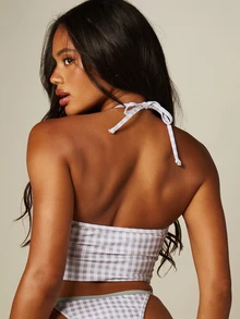 MISSGUIDED 格紋坦基尼比基尼套裝，掛脖綁帶上衣搭配高衩俏臀泳褲，夏季海灘泳裝 - 彩色 - 查看 2