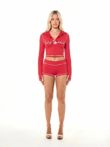 BABYPHAT Logo Crop Hoodie And Mini Shorts Two-Piece Matching Co-Ord Set With Contrast Stitching - Red - View 3