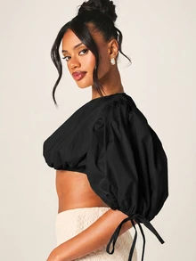 MISSGUIDED 泡泡紗泡泡短版上衣，泡泡袖綁帶袖口露肩夏季襯衫 - 黑色 - 查看 2