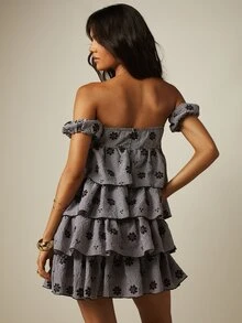 MISSGUIDED Off-Shoulder Gingham Tiered Ruffle Mini Dress With Floral Embroidery And Puff Sleeves For Summer Occasions - Black and White - View 2