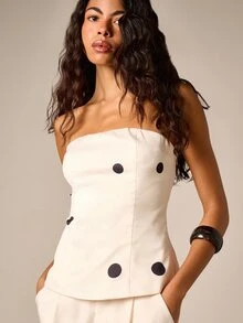 AiiRZ Polka Dot Strapless Bandeau Top And High-Rise Wide-Leg Shorts Co-Ord Set Summer Two-Piece Outfit - Apricot - View 2