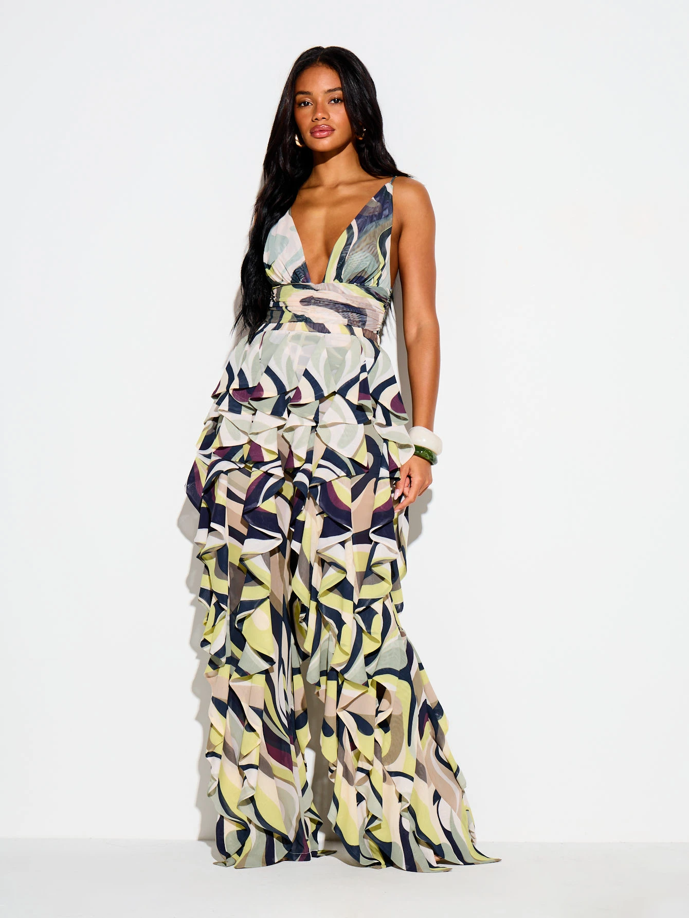 Swirl Print Ruffle Flare Trouser Pants