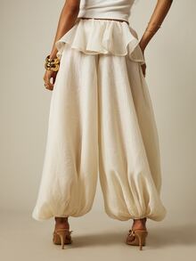 MISSGUIDED Peplum Waist Textured Chiffon Balloon Trouser Wide Leg Ruffle Drawstring Pull On Summer Pants - Apricot - View 2