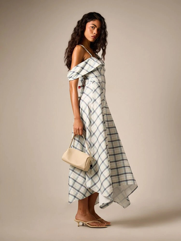 Plaid Asymmetric Maxi Dress With Ruffle Off-Shoulder Detail
