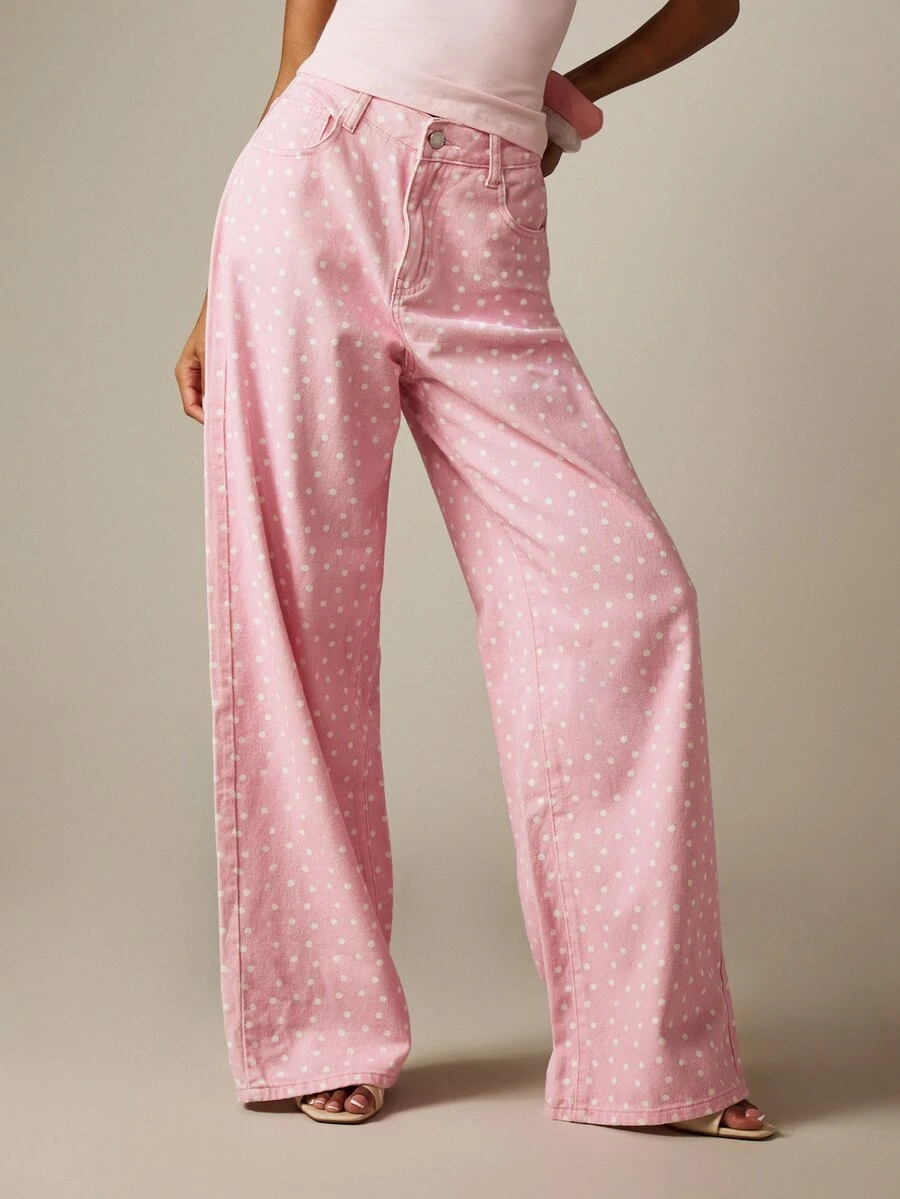 MISSGUIDED Mid Rise Polka Dot Wide Leg Baggy Jeans Retro Printed Denim Trousers For Spring Summer Casual Everyday Wear - Pink - View 1