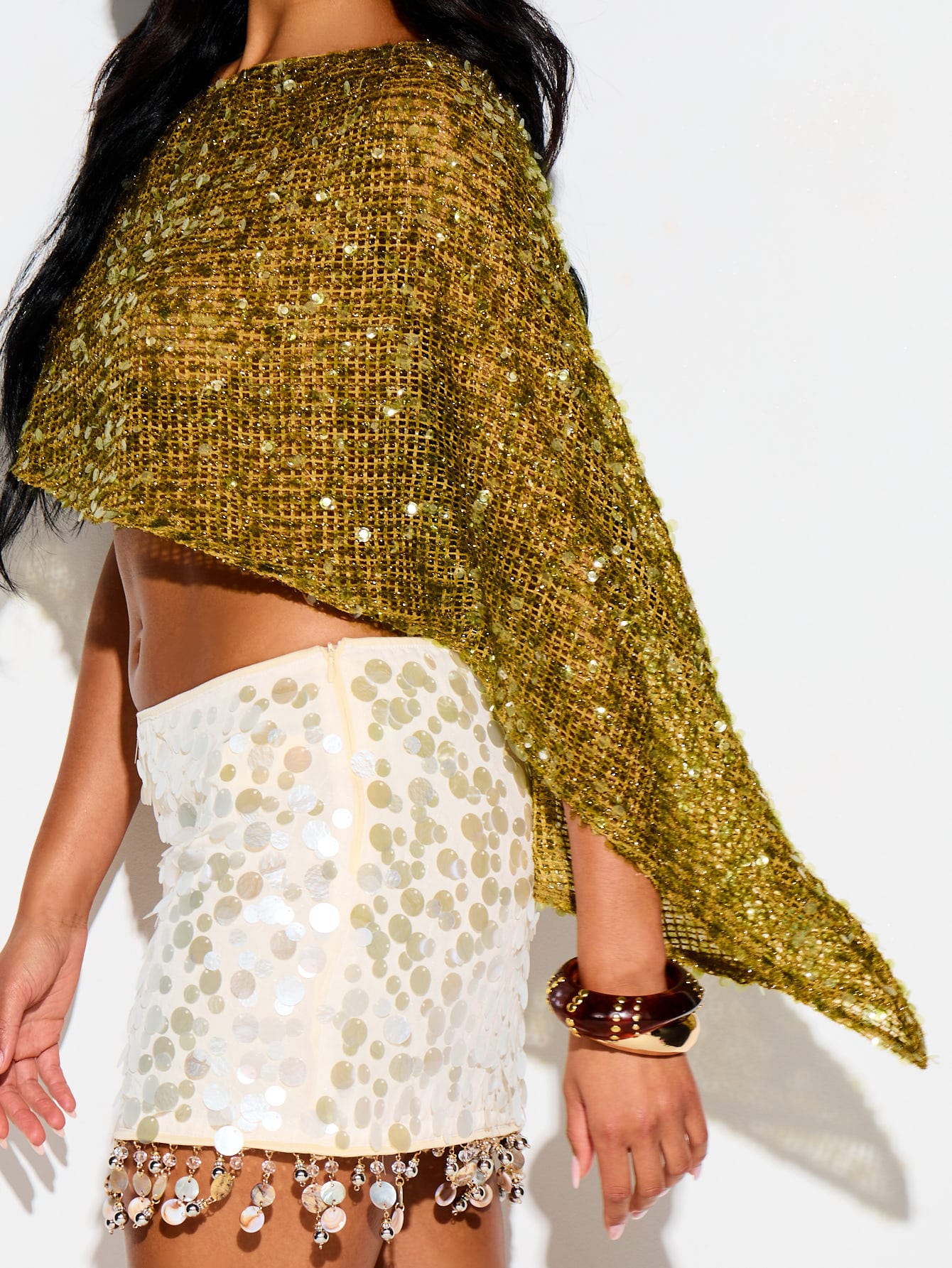 Sequin Crochet Asymmetrical Batwing Cape Crop Top