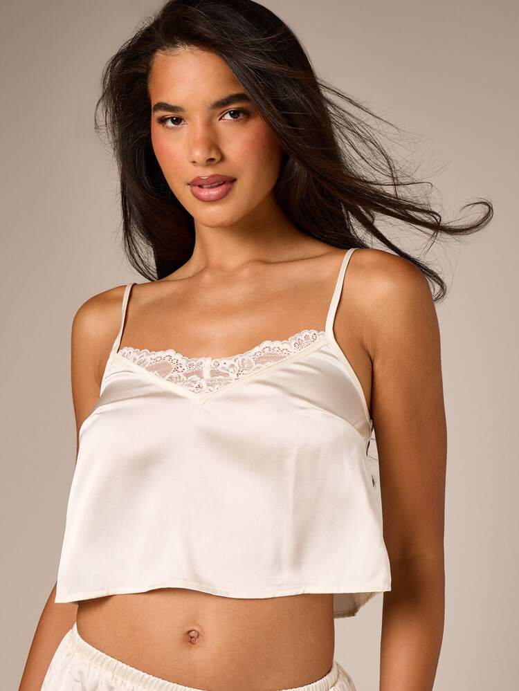 Satin Cami Top And Lace Panel Shorts Set