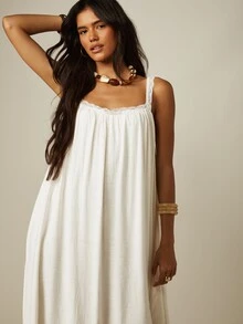 MISSGUIDED Linen Midaxi Dress With Lace Trim Straps Square Neck Ruffle Hem Flowy Summer Boho Beach Maxi Dress - White - View 5