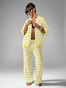 MISSGUIDED Striped Crochet Knit Open Front Shirt With Collared Neckline And Half Sleeves Summer Beach Cover Up - Yellow - View 3