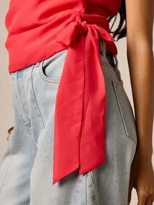 AiiRZ Halter Neck Wrap Front Crop Top With Tie Detail Deep V-Neckline Backless Summer Style - Red - View 6
