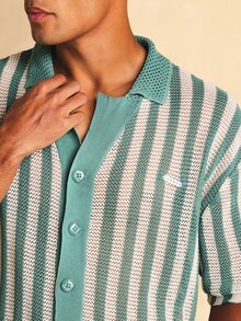 SUMWON Camisa de punto de ganchillo a rayas con cuello abierto, abotonada, manga corta, top de verano para vacaciones - Multicolor - Ver 5
