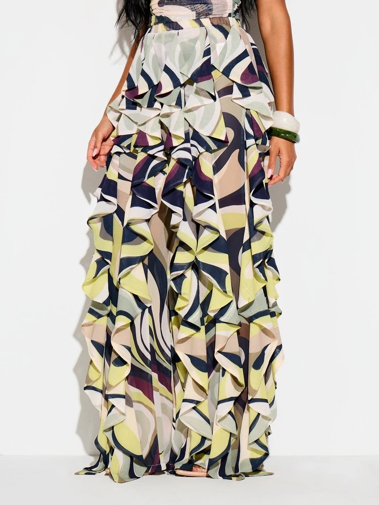 Swirl Print Ruffle Flare Trouser Pants