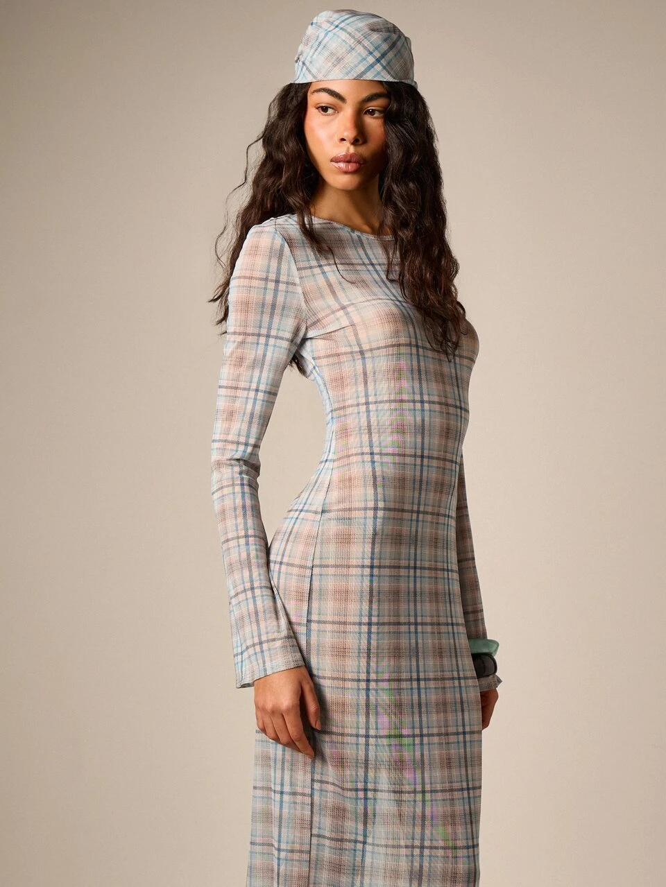 plaid bodycon dress long sleeve AiiRZ Long Sleeve Plaid Mesh Bodycon Maxi Dress｜AiiRZ