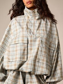 AiiRZ Chaqueta ligera de cuello embudo con media cremallera, cuadros, bolsillos cargo y mangas globo, talla grande para otoño - Multicolor - Ver 6