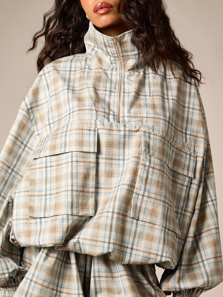 Plaid Funnel Neck Jacket With Cargo Pockets