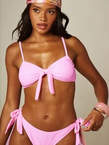 MISSGUIDED Tie Front Bikini Set With Spaghetti Straps Side Tie Bottoms Summer Beach Two Piece Swimsuit - Pink - View 5