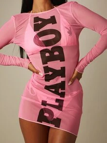 Missguided x Playboy Logo印花透視網紗長袖迷你洋裝，露背繫帶設計，海灘罩衫 - 玫紅色 - 查看 3