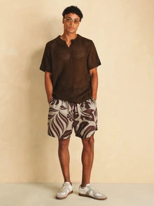 SUMWON Top de verano de manga corta con cuello polo de punto abierto, textura de tejido abierto y ajuste regular relajado - Marrón - Ver 3