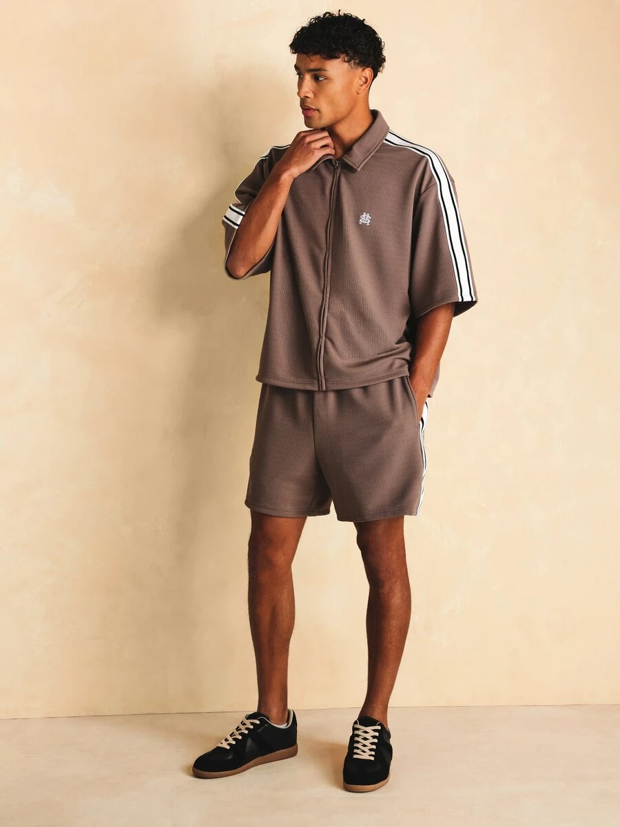 SUMWON Grosgrain Co-Ord Set Short Sleeve Full Zip Collared Top And Matching Shorts With Contrast Side Stripe Detail - Brown - View 1