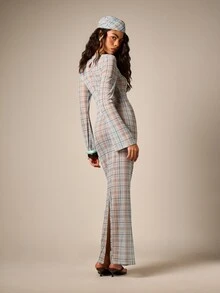 AiiRZ Block Printed Plaid Mesh Maxi Dress Long Sleeve Bodycon Floor Length Fitted Sheath Dress Spring Summer - Multicolor - View 3
