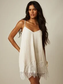 MISSGUIDED Linen Mini Slip Dress With Floral Lace Trim Hem V-Neck Spaghetti Strap Summer Boho Style - Apricot - View 1